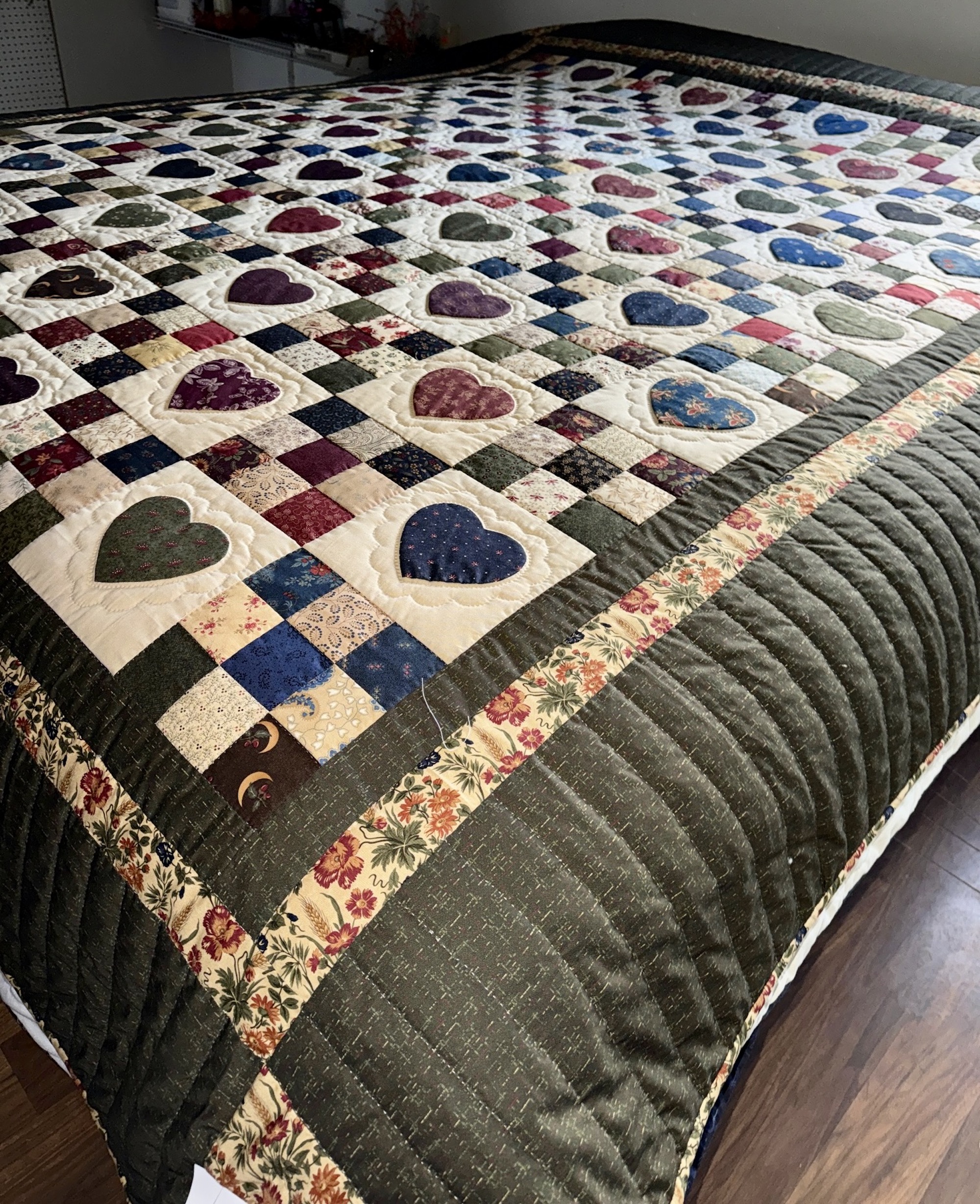 Nine Patch With Hearts handmade Amish quilt for sale